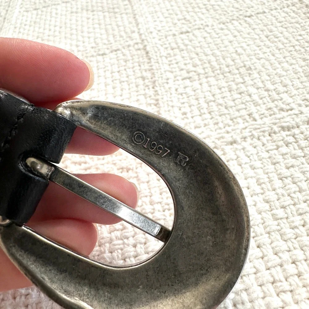 VTG 90s Y2K Western Black‎ Leather Belt Floral Silver Buckle Tip Tams 2000 Small